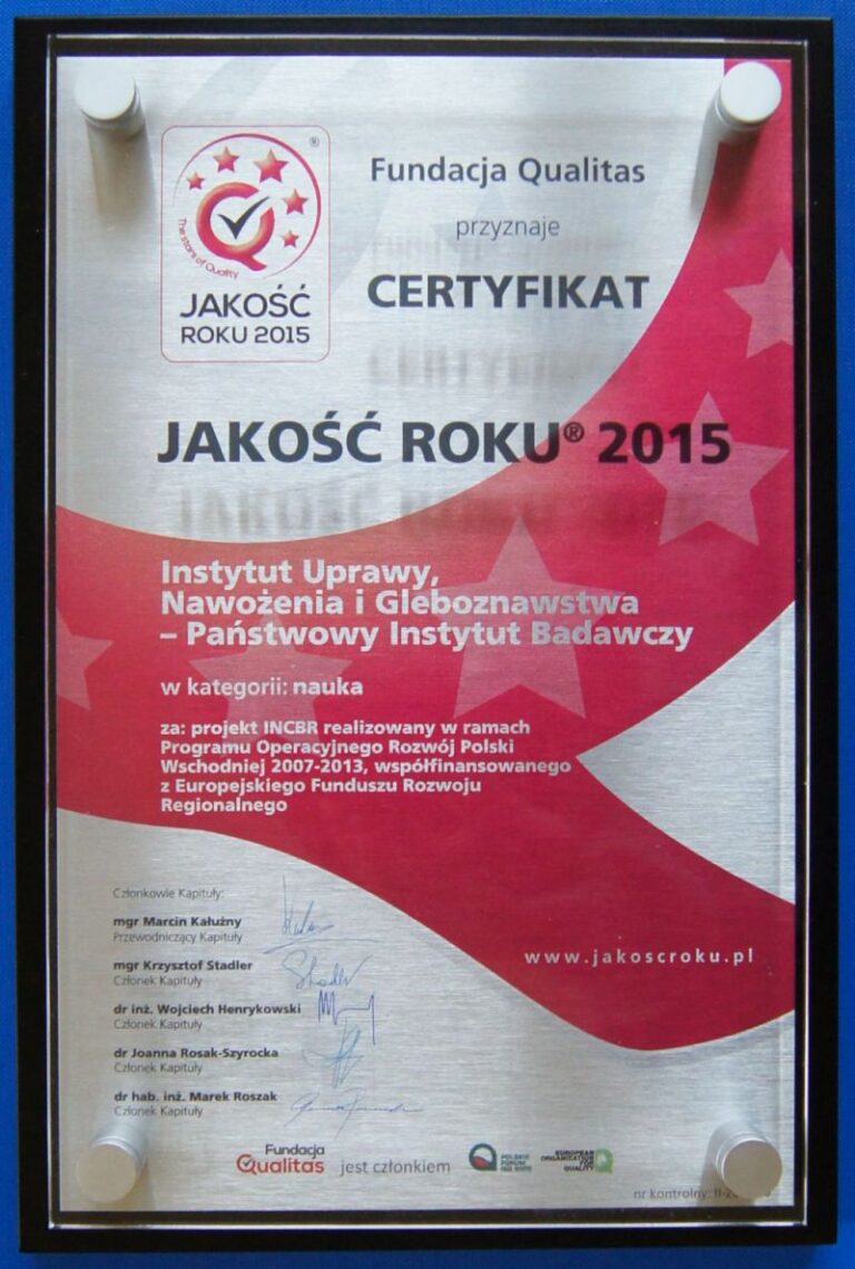 Certyfikat Jakości Roku 2015 dla IUNG-PIB