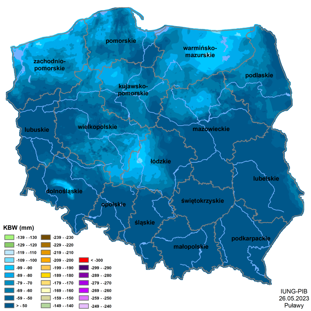 wartości klimatycznego bilansu wodnego dla wszystkich gmin Polski (2477 gmin) oraz w oparciu o kategorie gleb określił w tych gminach aktualny stan zagrożenia suszą rolniczą