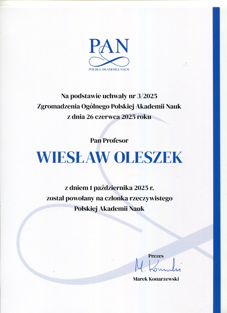 Powołanie na członka rzeczywistego PAN dla prof. Wiesława Oleszka